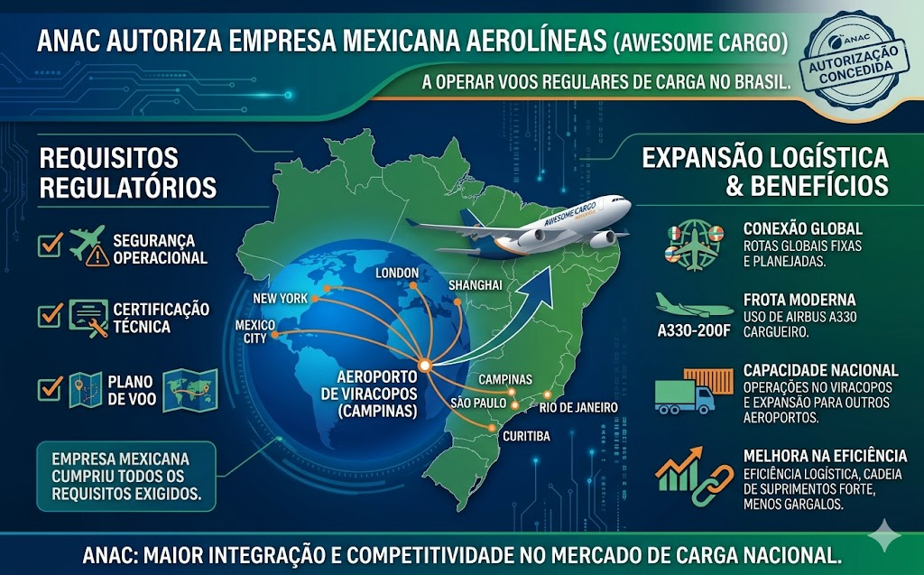 A Agência Nacional de Aviação Civil (ANAC) autorizou a empresa mexicana Aerolíneas, também conhecida como Awesome Cargo, a operar voos regulares de carga no Brasil