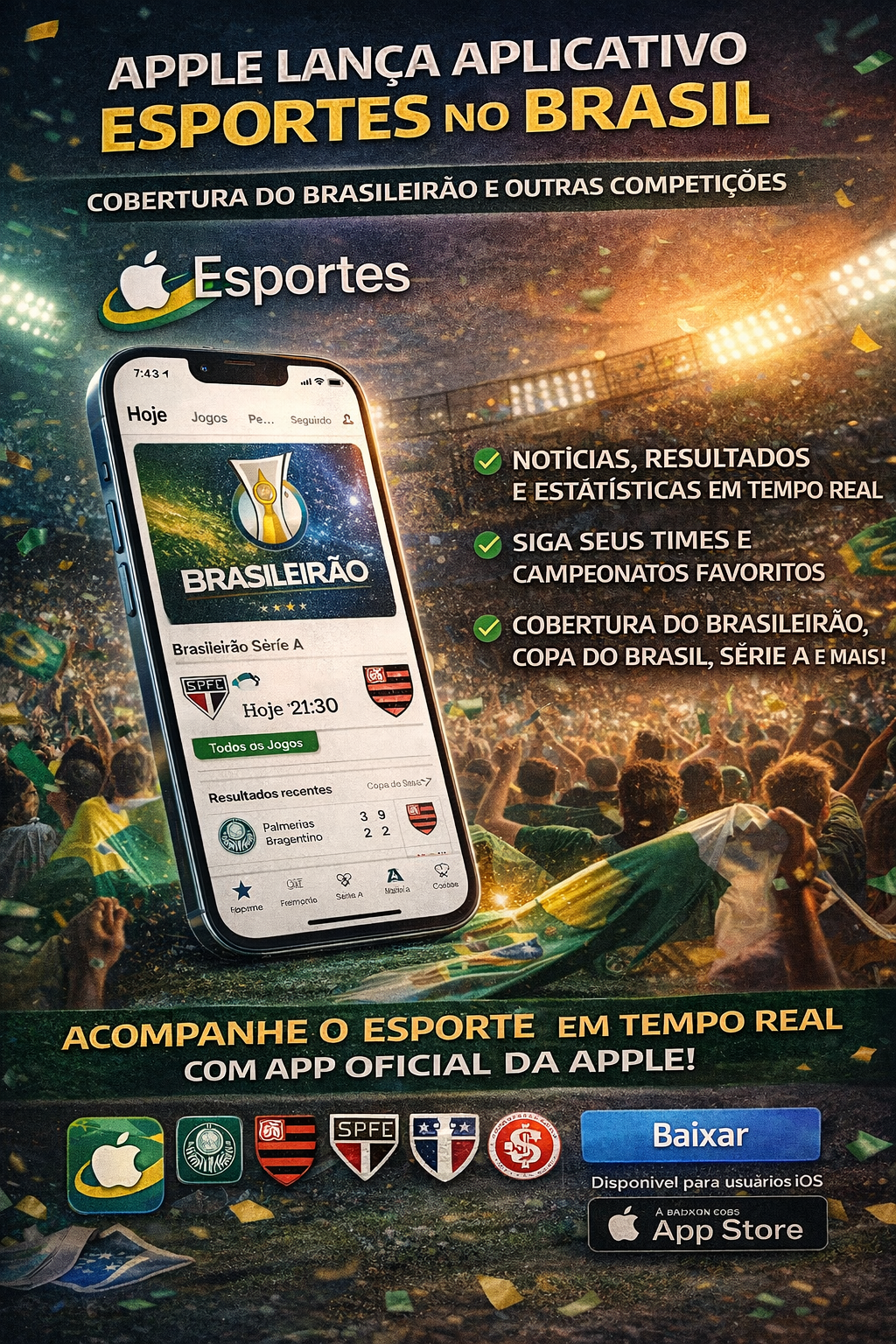 Apple Lança Aplicativo Esportes no Brasil com Cobertura do Brasileirão e Mais Competições